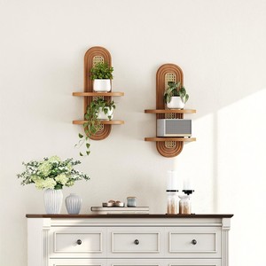 Wooden Bohemian Style <b>Wall</b> <b>Mounted</b> <b>Shelf</b> Oval Two Tier Plant Storage Rack For Living Room Bedroom - Product Image 2