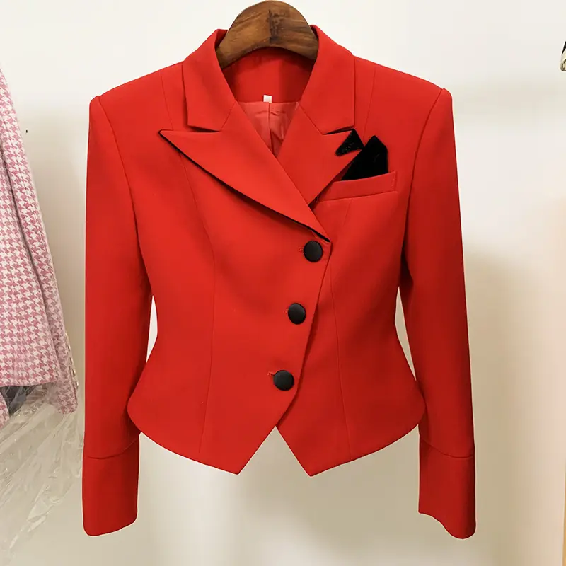 NOVANCE OLX002-chaquetas rojas ajustadas con botones decorativos de bolsillo para mujer, trajes formales de otoño, nuevo estilo