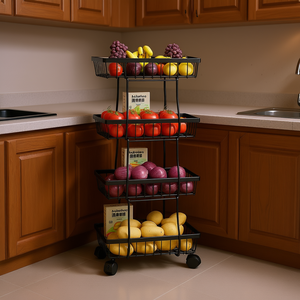 4-Tier Stackable Metal Vegetable <b>Storage</b> Rack With Wheels For <b>Kitchen</b> Organizer, Black Minimalist Design, Freestanding Fruit And - Product Image 2