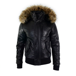 Style hivernal raffiné: Blouson bombardier à capuche en cuir de mouton pour homme Blouson d'hiver pour homme Blouson aviateur en cuir Fourrure à capuche - Product Image 1
