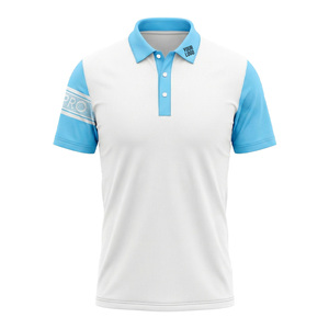 Men's Short Sleeve Polo Shirt White Blue Color Blocked Knitted Polyester Breathable Casual Sportswear with Logo on Left Sleeve - Product Image 1