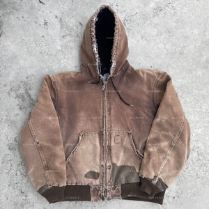 Kustom Hoodie Denim 500GSM pria, jaket hoodie pekerjaan pudar matahari Denim ritsleting atas - Product Image 2