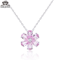 EMEJEWE Trendige Halskette mit künstlich hergestelltem rosa Saphir im Birnenform-Schliff (4x6 mm) und kleinem Blumenanhänger mit sechs Blütenblättern