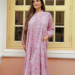 เดรสแม็กซี่ผ้าฝ้ายแท้ลายดอกไม้สีล้วนแบบอินเดียชุดใส่กลางวันระบายอากาศได้ดีสวมใส่สบายชายหาดฤดูร้อนซักได้เป็นมิตรกับสิ่งแวดล้อม - Product Image 1