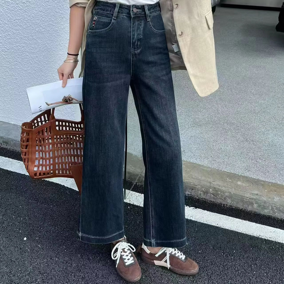 Women's Blue Straight-cut Cropped High Waist Jeans Autumn Plus Size Baggy Pants Button Casual Narrow Version Loose Fit Cigarette