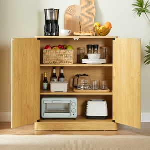 31.5-inch Walnut Modern Wavy <b>Sideboard</b> Curved Contour Design 2-door Living Room Storage Cabinet Adjustable Height Easy Assembly - Product Image 2