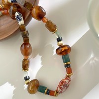 Collier tendance INS en résine marron et acier inoxydable avec perles, accessoire personnalisé pour femme, perles multicolores