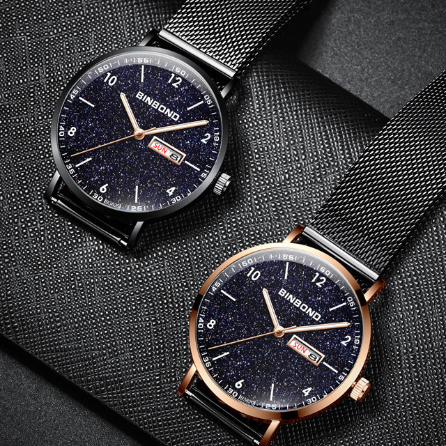 BINBOND B3820 3820 Quartz Watches Waterproof Luminous Steel Band Black Ultra-Thin Fashion Luxury Men's Leather Watch