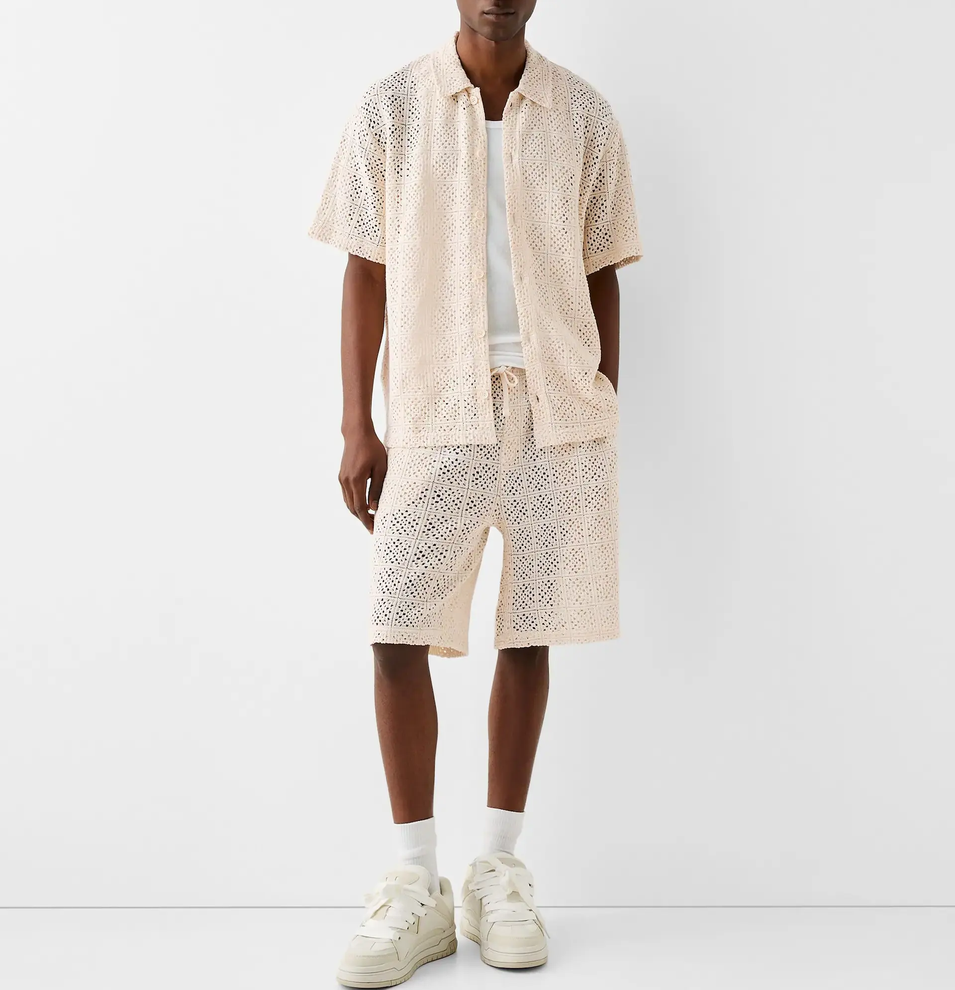 Camisa de punto de ganchillo texturizada conjunto de punto de mezcla de algodón informal moda verano personalizada