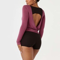 Haut de yoga longue manche 2026 personnalisé pour femme, uni, léger, transparent, style ballet, extensible, réversible, col en V profond, à nouer devant