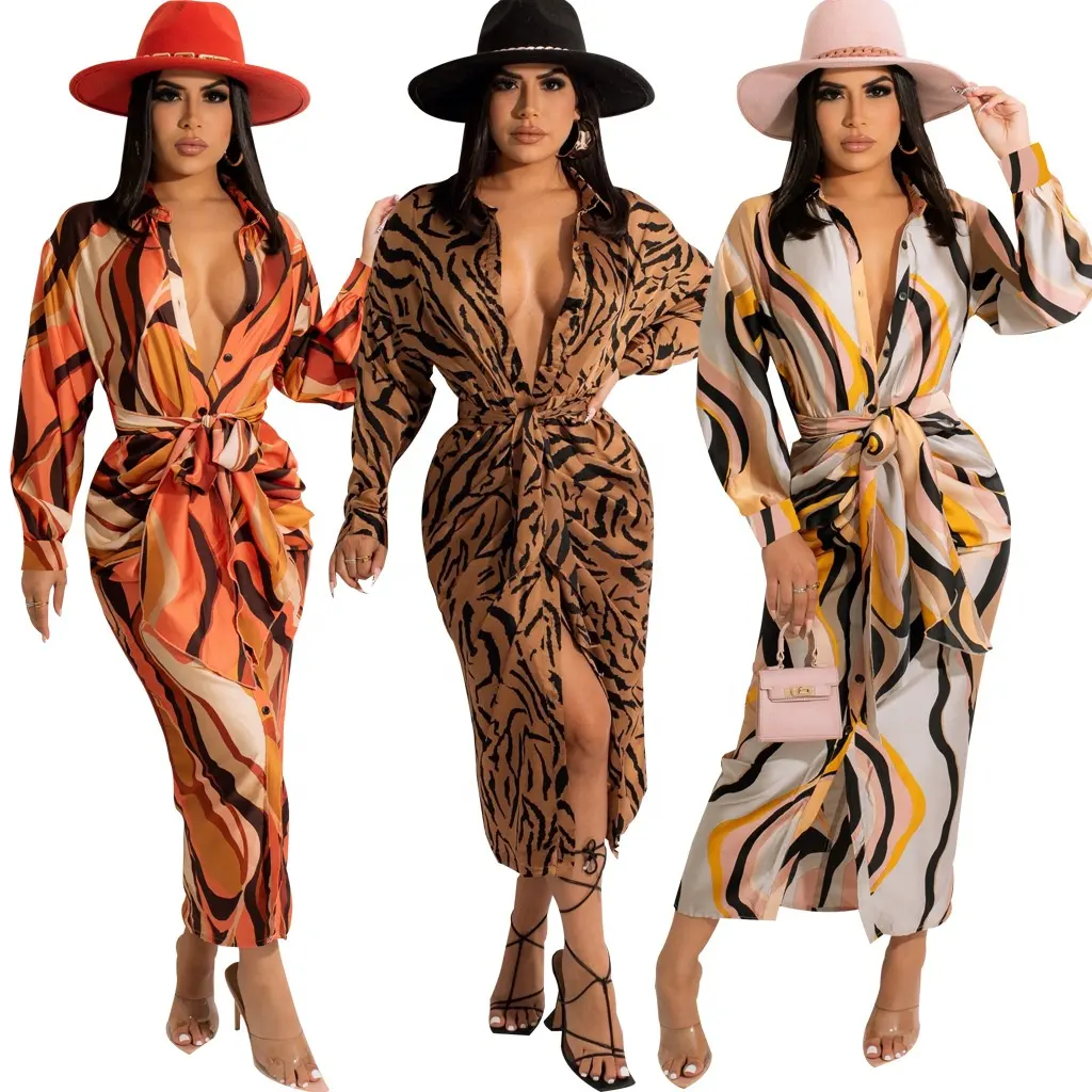 YP Casual Clothes For Ladies Printing Bandage Fall Vintage Women Long Maxi Shirt Dresses