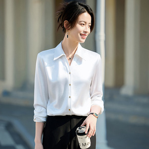 Women Satin Shirt Red Solid Color Long Sleeve Button Front Commuting Top - Product Image 2