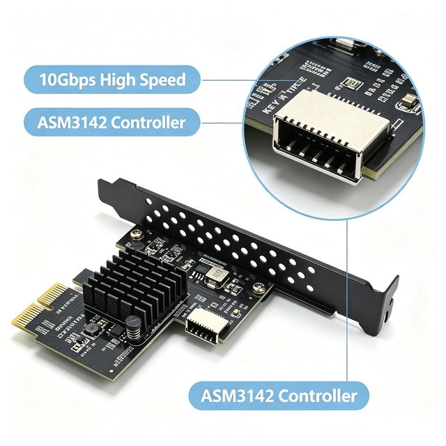 PCIe USB 3.2 10Gbps Expansion Card with 20-Pin Type-E A-Key Front Panel Header Reversible Plug Design