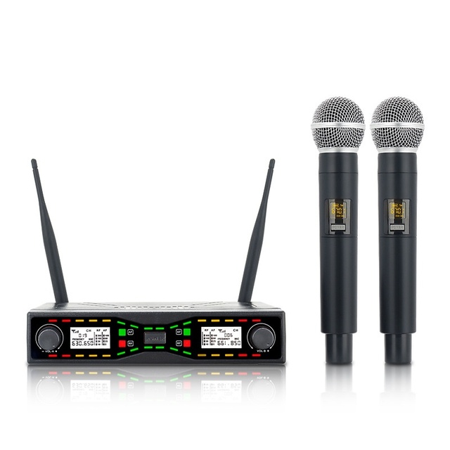 Dual UHF Wireless Microphone System with Display Receiver for Karaoke Stage Wedding Factory Self-made