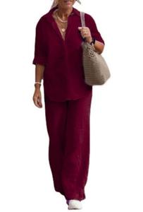 Camicia da <span class=keywords><strong>donna</strong></span> primavera e autunno a due pezzi con risvolto a manica lunga Casual <span class=keywords><strong>pantaloni</strong></span> lunghi tinta unita Set di <span class=keywords><strong>pantaloni</strong></span> larghi - Product Image 3