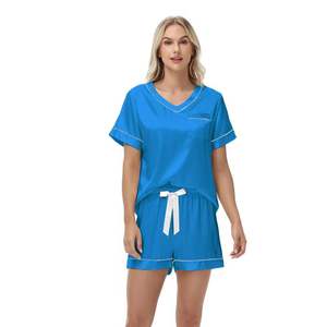 Pyjama d'été en satin rayé pour femme, ensemble de vêtements de maison fin et uni à enfiler - Product Image 4