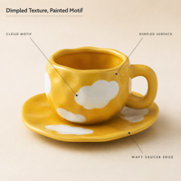 Tasse à café en céramique irrégulière peinte à la main avec soucoupe, motif nuage, cœur et floral, ensemble de tasses à thé pour le petit-déjeuner à la maison