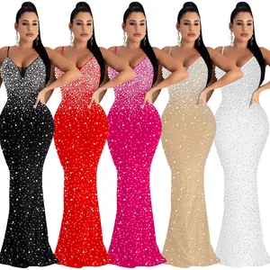 X51165 akşam parti elbise kadınlar kolsuz rhinestones boncuk backless kadınlar kayma uzun elbiseler