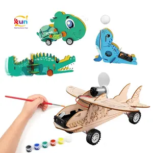 Physic STEM Science Toys 4 in 1 DIY Painting Wood Hands Craft 3D Puzzles Building Toy Electric Animal Wooden Toys For Kids