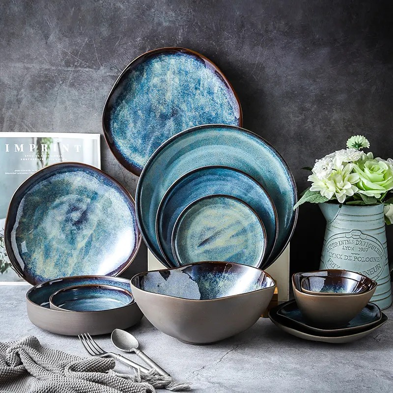 Set di stoviglie di piatti di glassa reattiva blu di alta qualità in ceramica stile unico servizio da tavola ristorante