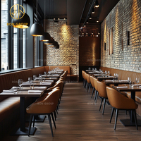 Ensemble de mobilier commercial Ron Group pour restaurant : table carrée en marbre, chaises en tissu, banquette rembourrée en velours