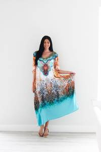 Boho Maxi <b>Dress</b> Women Floral Print Cotton Loose Fit Half Batwing <b>Sleeve</b> Scoop Neck <b>Summer</b> Casual Wear Kaftan <b>Dress</b> For Women - Product Image 2