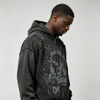 Sweat à capuche zippé noir anthracite vieilli, motif graphique Kornit DTG Statue Craquelée, coupe oversize, style streetwear