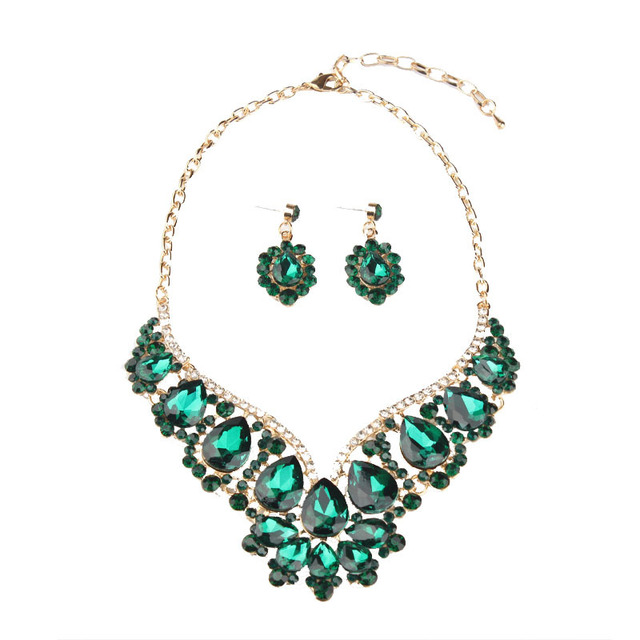Gold Plated Crystal Rhinestone Glass Necklace and Earrings Set Exaggerated Wedding Party Jewelry Accessories
