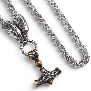 Thor Marteau collier à breloques Cadeau de Noël en acier inoxydable KingChain Loup Tête Mjolnir Marteau Collier Viking Bijoux pour hommes - Product Image 1
