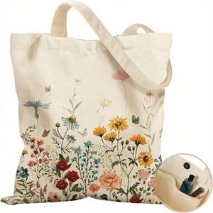 Sac fourre-tout à imprimé floral printanier pour femmes avec boucle magnétique et poche intérieure zippée en toile de coton - Product Image 1