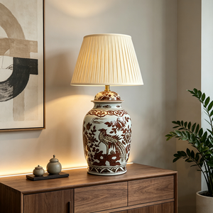 Lampada da Tavolo Tradizionale Asiatica Oversize 84cm, Corpo in Ceramica <span class=keywords><strong>Marrone</strong></span> con Fenice e Fiori, <span class=keywords><strong>Paralume</strong></span> Plissettato per Lobby e Hotel - Product Image 2
