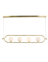 Suspension linéaire 4 lumières en fer doré avec globes en verre opale, hauteur réglable, LED 3500K blanc chaud, plafonnier AC pour usage hôtelier