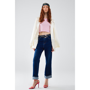 Jean droit en denim bleu foncé avec ourlet replié - Product Image 1