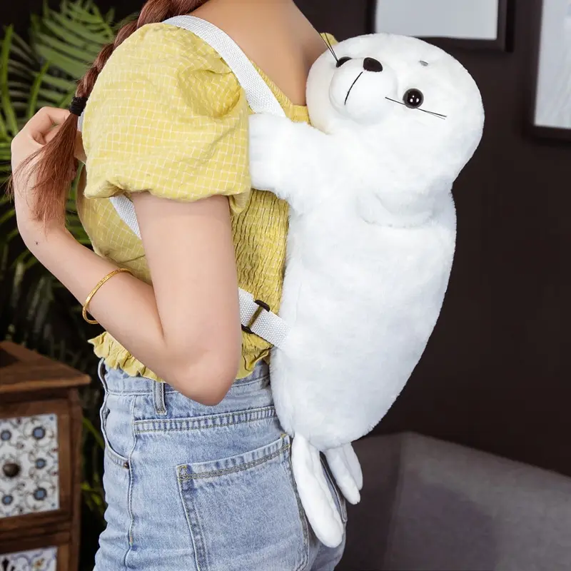 Lovely White Seal Backpack Seal Bags Stuffed Animal Plush Doll Fashion Animal Shaped Bags Backpacks Kids Gift