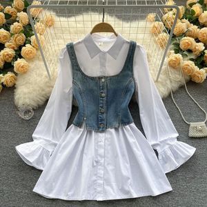 Set da donna straniero 2023 New Korean Edition Denim Sling + Shirt Dress Set a due pezzi - Product Image 1