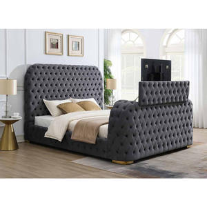 Cadre <span class=keywords><strong>de</strong></span> <span class=keywords><strong>lit</strong></span> king-size contemporain en bois avec revêtement en velours, avec télévision et cheminée dans le <span class=keywords><strong>pied</strong></span> <span class=keywords><strong>de</strong></span> <span class=keywords><strong>lit</strong></span> - Product Image 2