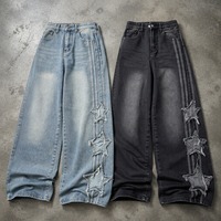 Jean droit vintage 100 % coton 16 oz pour homme, fournisseur OEM, denim streetwear, broderie étoile 3D, effet vieilli délavé, été/hiver