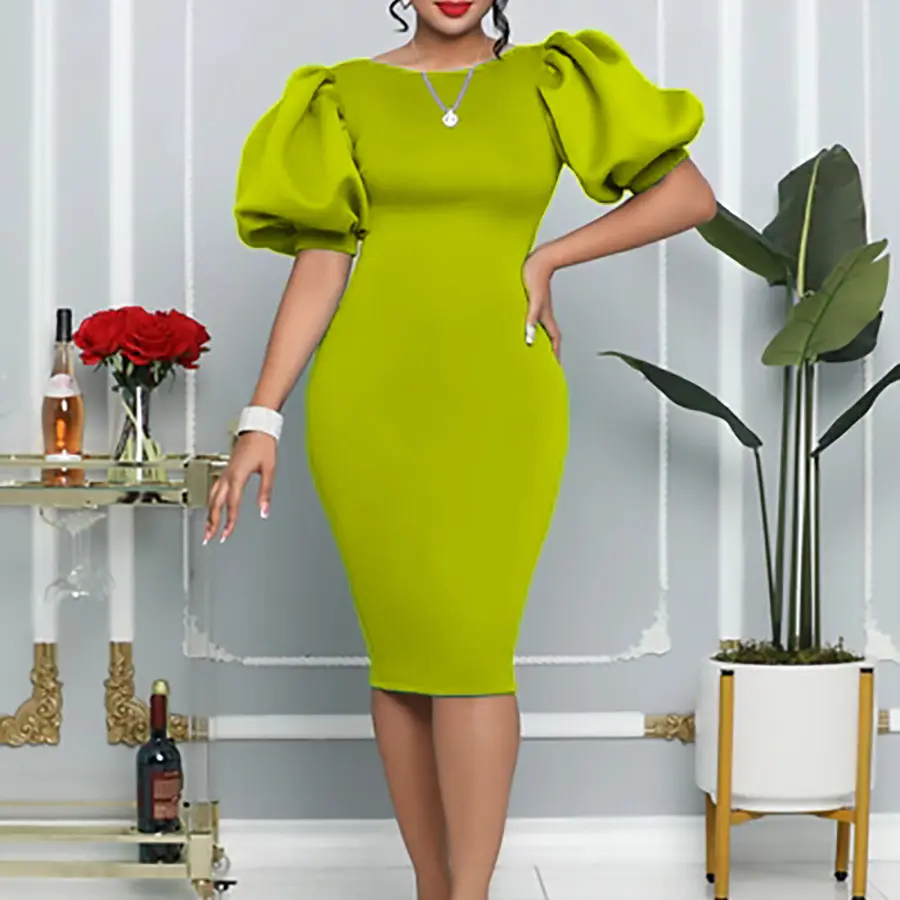 2022 Custom Women Bank Clothes High Quality Bodycon Compere Puff Sleeve Hip Wrap Dress Elegant Banquet Formal Midi Office Dress