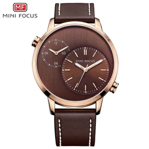 Jam Tangan Pria MINI FOCUS 0035 Special Brown Quartz 2022 Tali Kulit PU 2 Dial Tampilan <span class=keywords><strong>Analog</strong></span> Desain Jam Santai Karakter - Product Image 1