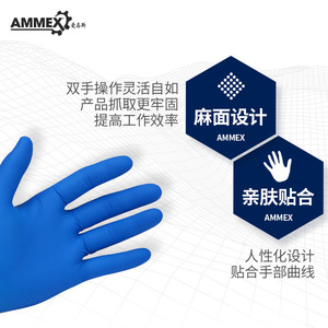 ถุงมือไนไตรล์ Ammex สีน้ำเงิน ปราศจากแป้ง เกรดอาหาร สำหรับงานอุตสาหกรรม ใช้ครั้งเดียว ทิ้งได้ ผิวสัมผัสแบบไมโครไดมอนด์ - Product Image 1