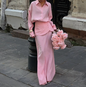 Ensemble de costumes pour femmes Viviblook Z0105ST06, style élégant de rue, couleur unie, chemise à manches longues à revers, jupe, ensemble 3 pièces - Product Image 1