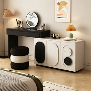 Table de maquillage en bois de style italien avec tiroirs, personnalisable en blanc et noir, table de maquillage de luxe pour filles avec miroir - Product Image 2