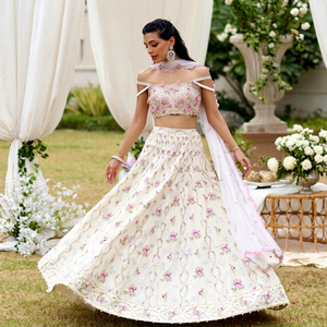Embroidered Floral Silk Maxi Lehenga Set Dupatta off Shoulder <b>Bride</b> Party Evening Dress with Empire Waist for Wedding - Product Image 1