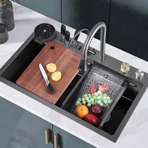 304 Stainless Steel Kitchen Sink With Knife Holder Multifunctional Waterfall Black Kitchen Sink Honeycomb Nanotechnology