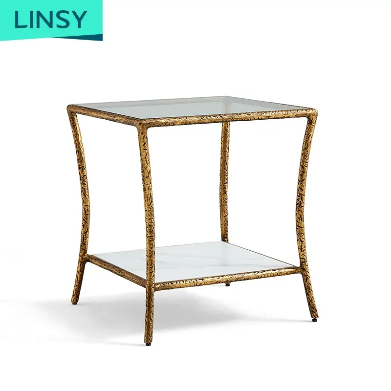 Linsy American Style Rechteckige 2-stufige Tischplatte Glasplatte Metallic Golden Legs Base Wohnzimmer Beistell tisch