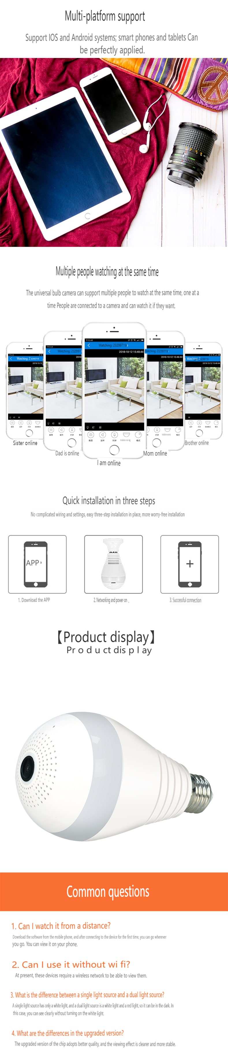 Indoor Outdoor Smart 360 Wireless 1080P 960P Wifi Light Lamp Bulb Shaped Type Surveillance Security Camera System