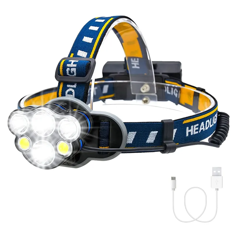 6 LEDs 8 Modes 90 degree adjustment USB Rechargeable IPX4 Waterproof Powerful Headlamp Head Flashlight with Red Light