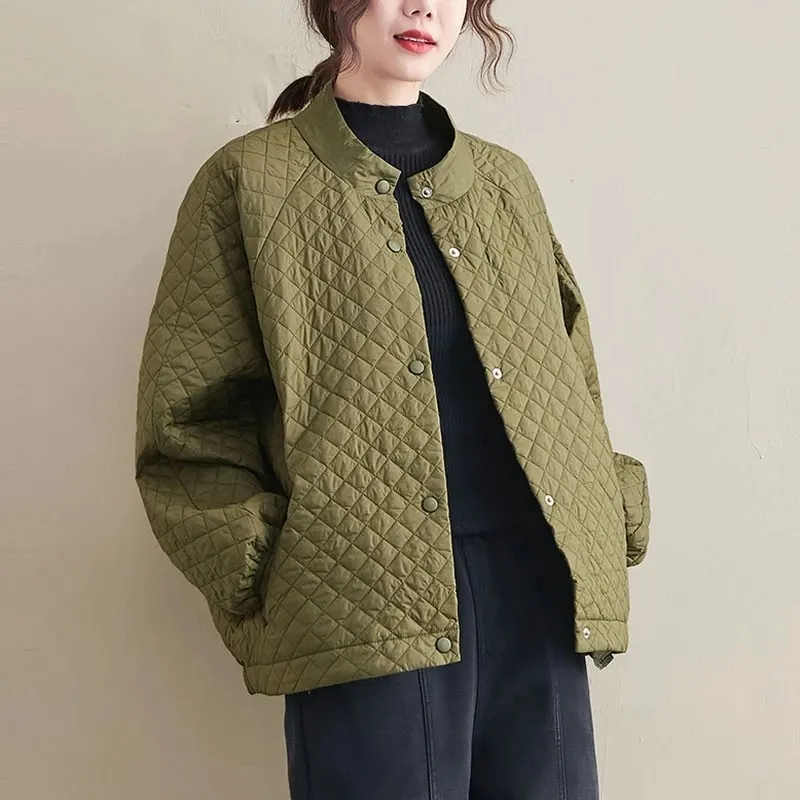 Women Loose Casual Quilted Jackets New Autumn Winter Vintage Simple Style Stand Collar Loose Female Outerwear Cotton Coats