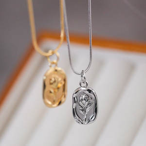 Vintage Rose Tulip Flower <strong>Coin</strong> Irregular Pendant Stainless Charm <strong>Necklace</strong> for Girls Women - Product Image 6