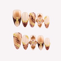 Kuku Akrilik Almond Warna Cokelat Retro Motif Bunga, Gradasi Nude-Coffee, Cetak Leopard Harimau, Dekorasi Manik-Manik Emas
